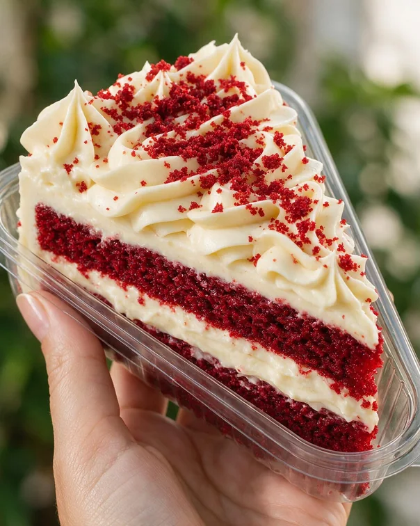 Fatia triangular de red velvet com cobertura de cream cheese, embalada e pronta para entrega