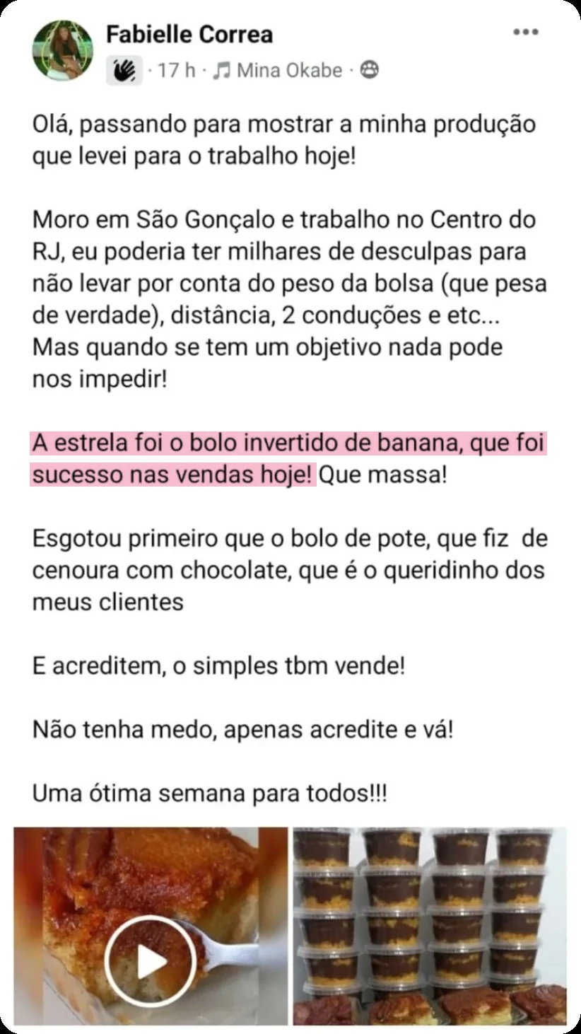 Publicação de Fabielle Correa contando a produção que levou para o trabalho