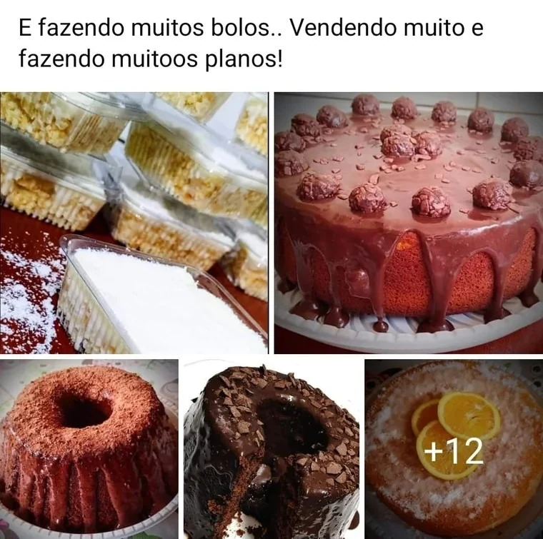 Aluna mostrando a variedade de bolos que está produzindo e vendendo