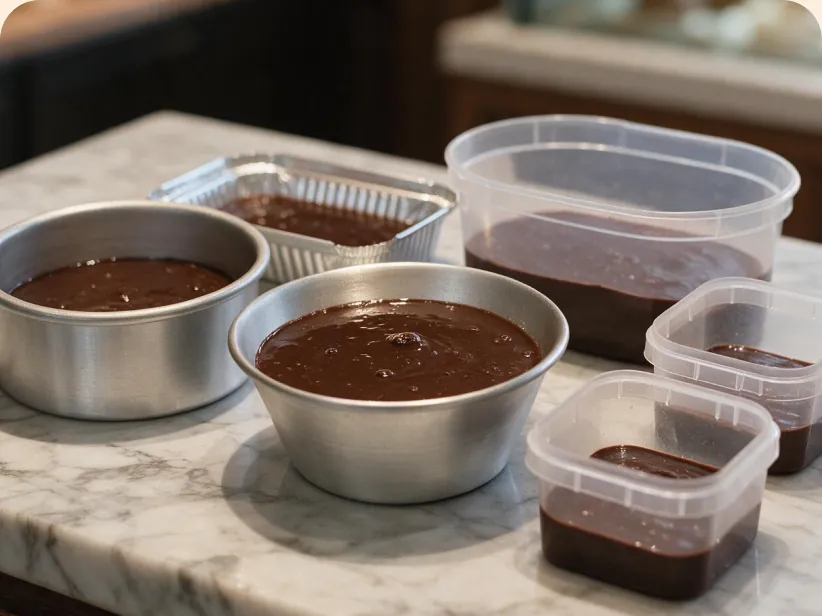 Três bandejas de massa pronta: red velvet, baunilha e chocolate