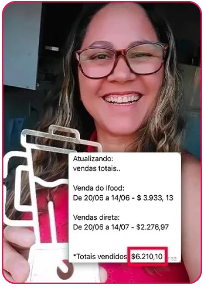 Aluna mostrando o total de vendas: R$ 3.933,13 no iFood e R$ 2.276,97 em venda direta, somando R$ 6.210,10