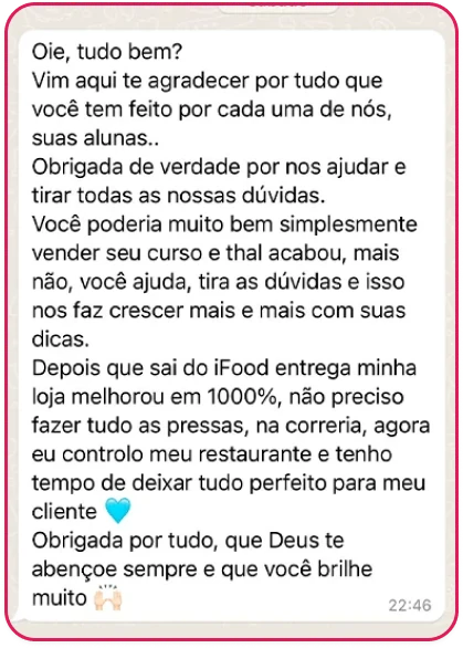 Mensagem de aluna contando que a loja melhorou em 1000% depois do curso